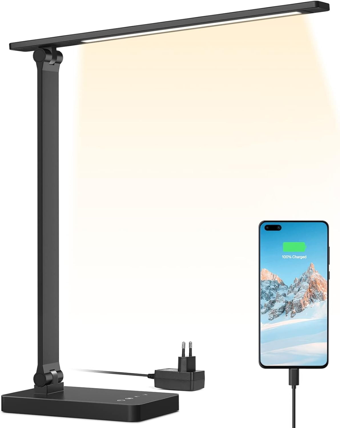 Lampe de Bureau LED 9.2W Lampe Puissante 72LEDs 800LM avec 5 Modes de Couleur et 5 Niveaux de Luminosité, Anti-Éblouissement, Pied Réglable Contrôle Tactile Lecture Pour Lecture Travail - Blanc