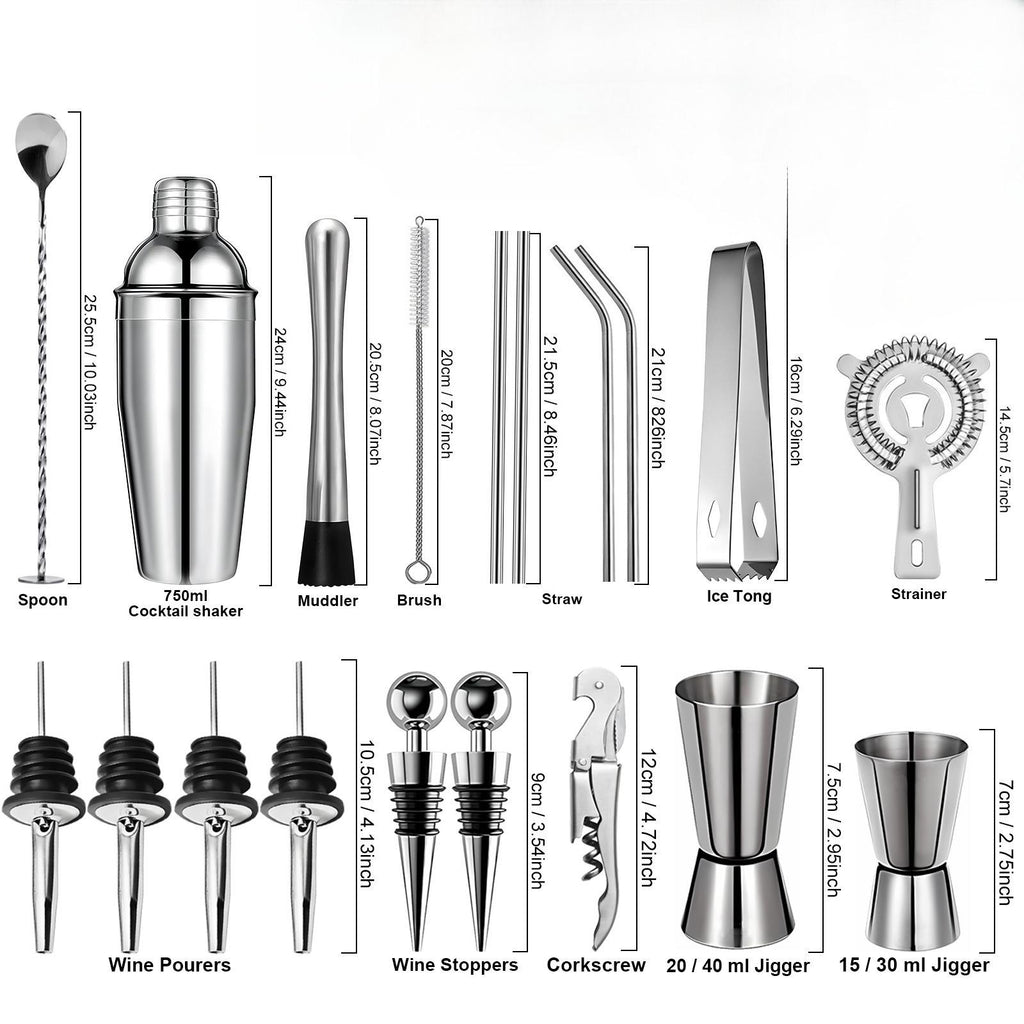 Kit Cocktail Professionnel 20 pcs – Set de Mixologie en Acier Inoxydable avec Support