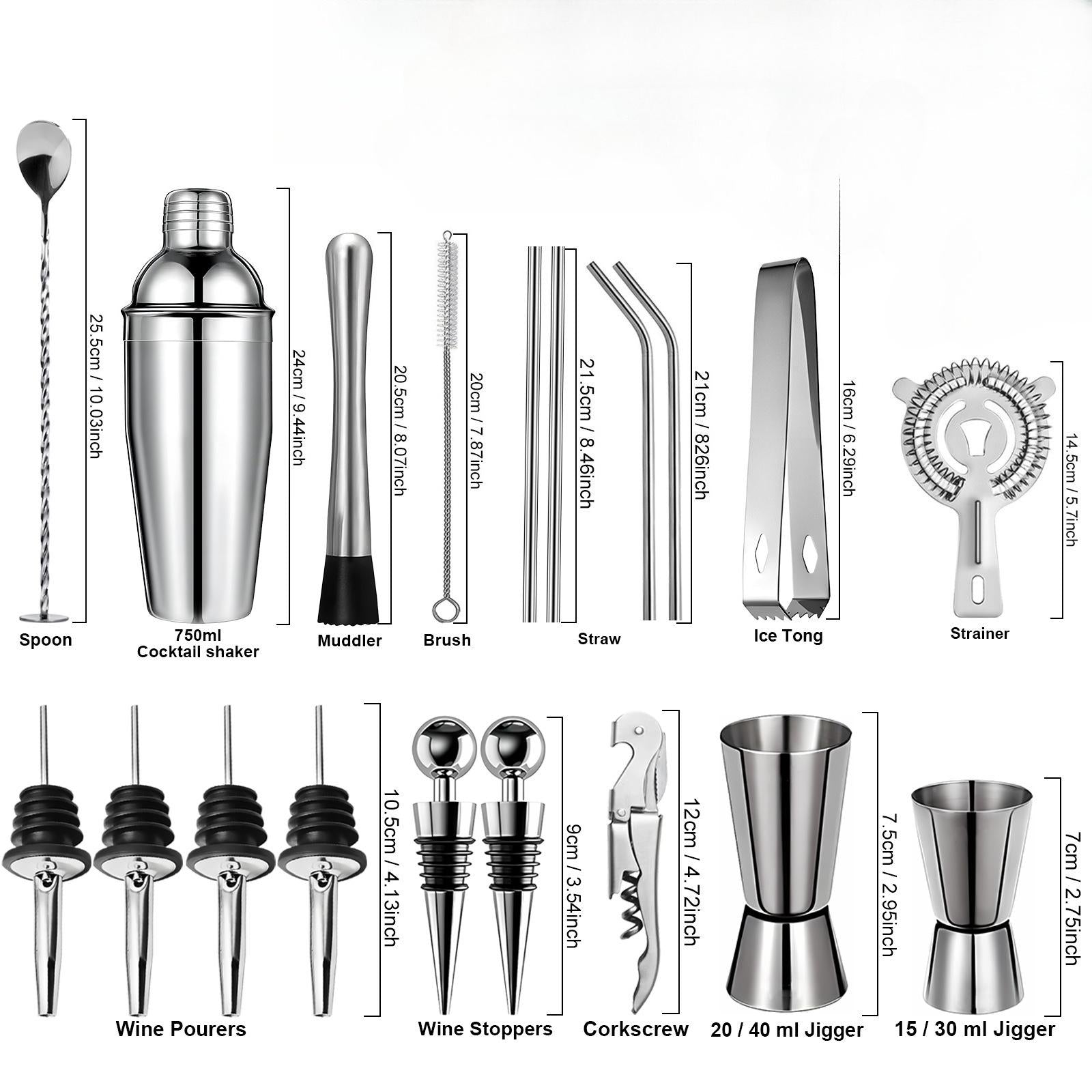 Kit Cocktail Professionnel 20 pcs – Set de Mixologie en Acier Inoxydable avec Support