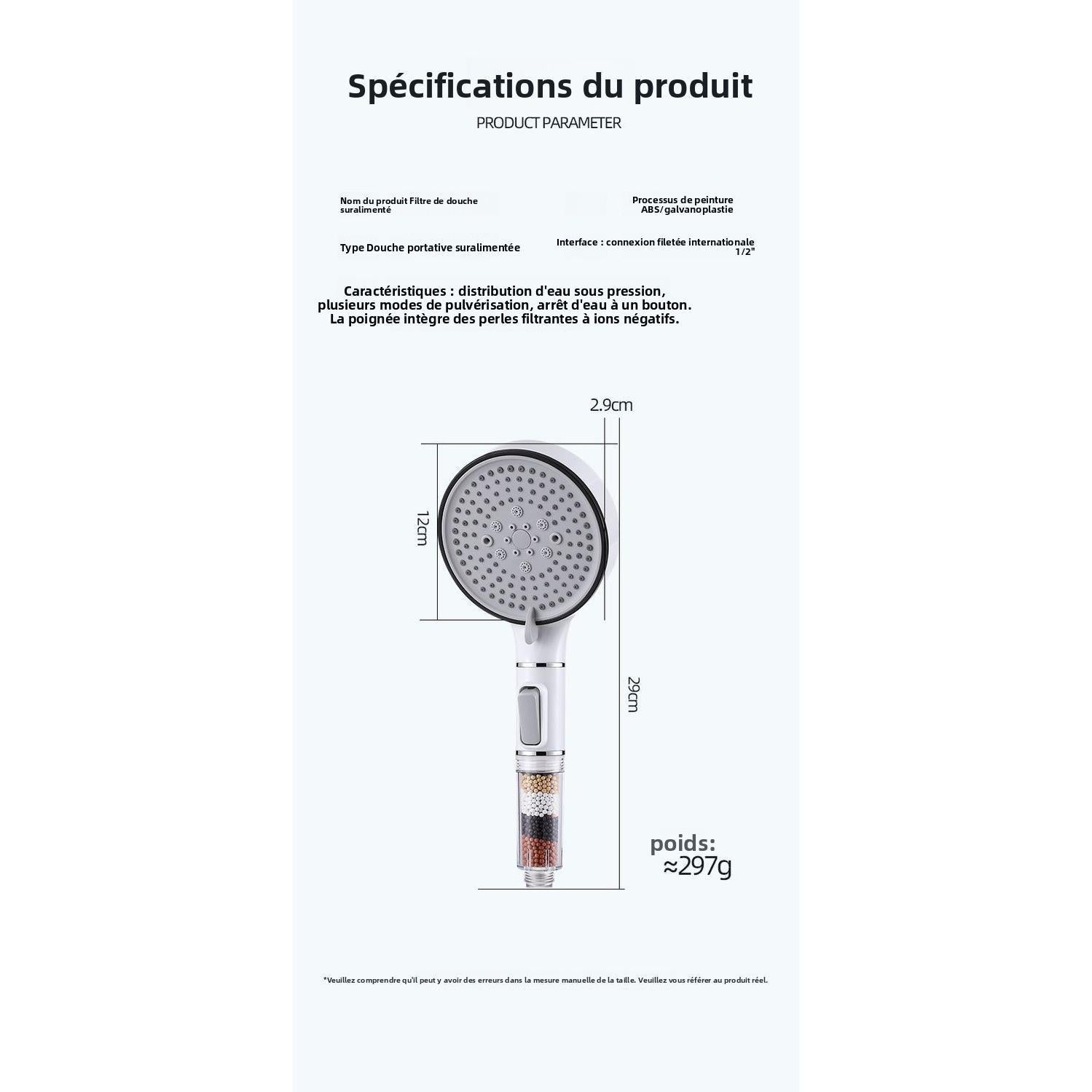 Pommeau de Douche à Main Haute Pression avec Filtre – Grand Panneau, Économiseur d’Eau