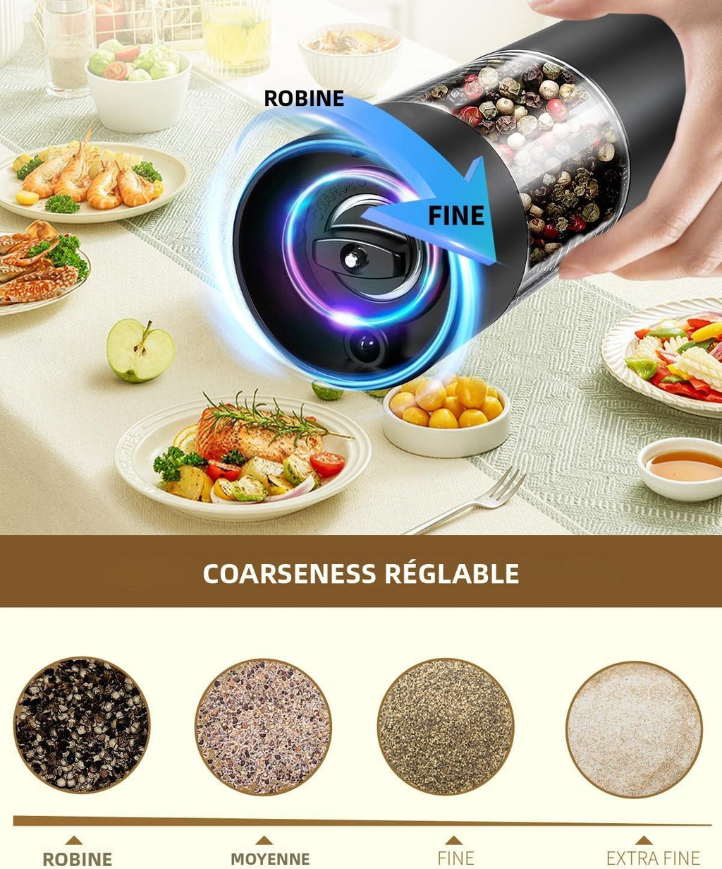 Ensemble de Moulin à Poivre et Sel Électrique Rechargeable Moulin à Épices avec Base, Récipient Transparent Lavable de 95ml, Lumière LED Blanche et Grossièreté Réglable, Noir et Blanc