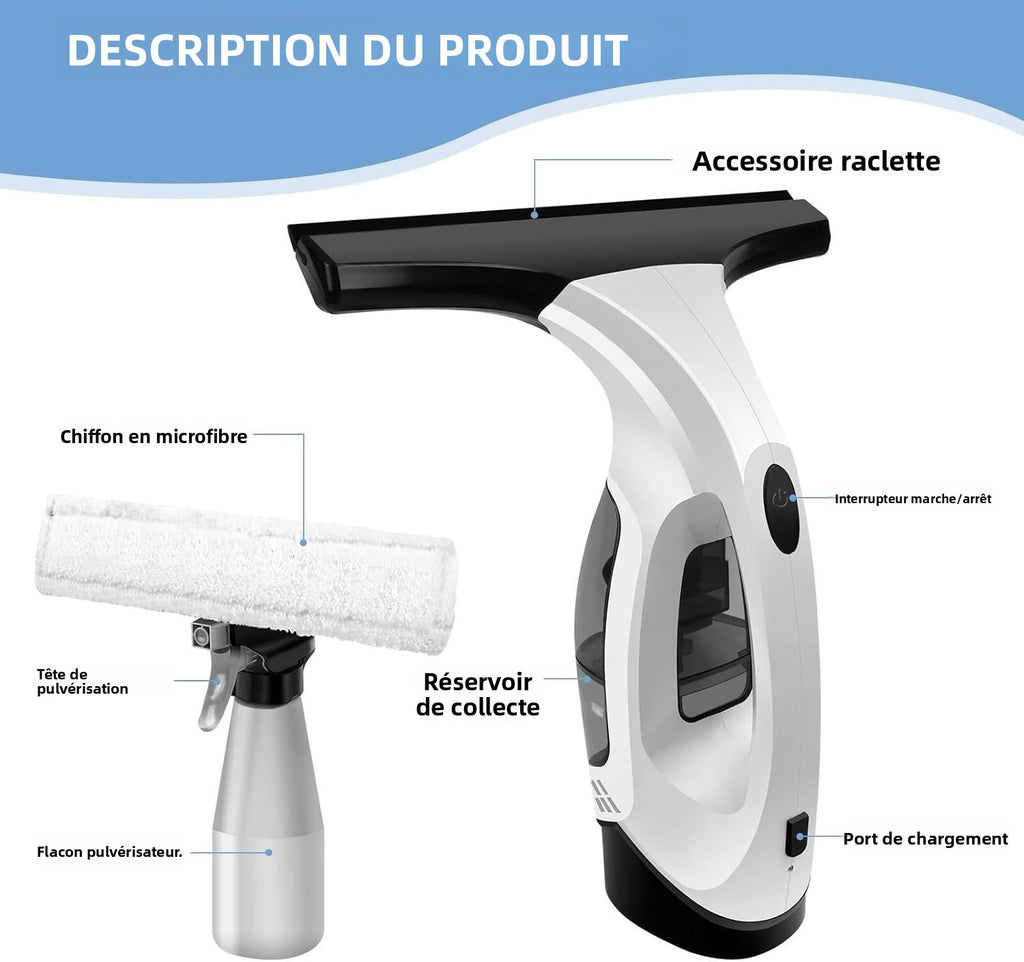 Nettoyeur de Vitres Sans Fil avec Réservoir 300 ml – Aspirateur de Vitres Rechargeable et Portatif