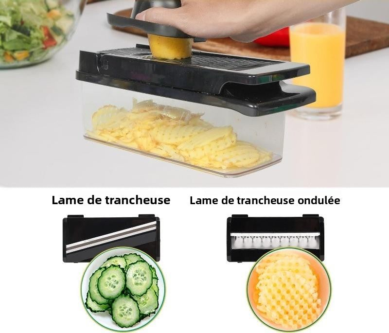 Coupe-Légumes Multifonction 12 en 1 – Hachoir, Mandoline & Râpe | Lames Acier Inoxydable